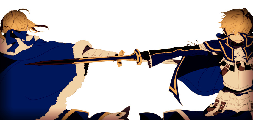 ahoge arthur_pendragon_(fate) artoria_pendragon_(all) bangs belt belt_buckle blonde_hair blue_cape blue_ribbon braid breastplate buckle cape closed_eyes commentary_request excalibur excalibur_(fate/prototype) facing_away facing_viewer fate/prototype fate/stay_night fate_(series) faulds fur_trim gloves gorget hair_between_eyes hair_bun hair_ribbon highres hiiragi_fuyuki holding holding_sword holding_weapon ribbon saber simple_background smile standing sword weapon white_background