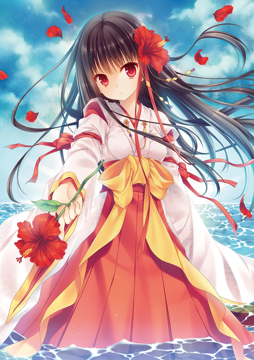 black_hair blue_sky cloud day eyebrows_visible_through_hair floating_hair flower hair_flower hair_ornament hakama head_tilt hibiscus highres holding holding_flower japanese_clothes kimono long_hair looking_at_viewer original outdoors petals red_eyes red_flower red_hakama sky solo standing tatekawa_mako very_long_hair wading white_kimono