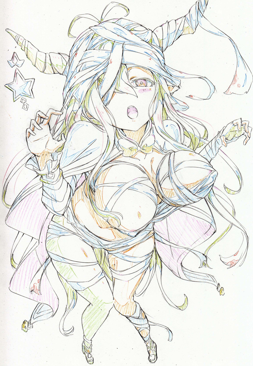 1girl absurdres bandages breasts color_trace commentary_request danua draph granblue_fantasy halloween halloween_costume highres horns kitazinger large_breasts naked_bandage open_mouth sketch solo