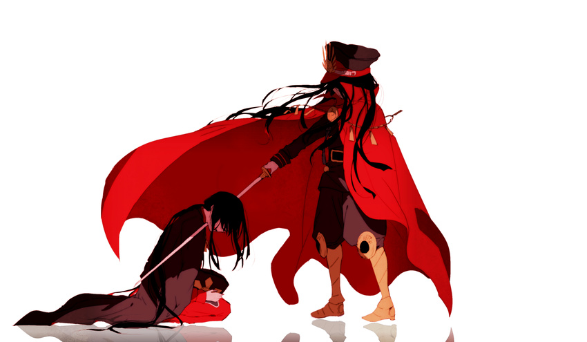 1girl black_hair boots brother_and_sister cape commentary_request covered_face fate_(series) from_side hat highres hiiragi_fuyuki holding holding_weapon katana koha-ace long_hair long_sleeves looking_at_another oda_nobukatsu_(fate/grand_order) oda_nobunaga_(fate) peaked_cap red_cape siblings simple_background sitting standing sword weapon white_background