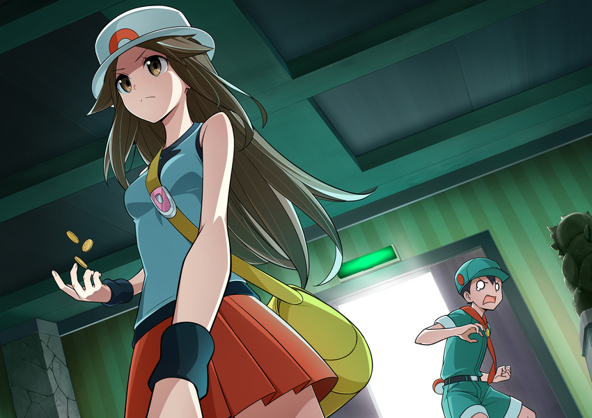 1girl absurdres bag bare_arms baseball_cap black_hair blue_(pokemon) breasts brown_eyes brown_hair camper_(pokemon) coin commentary_request hat highres holding holding_poke_ball jii_(seiga7099526) long_hair npc_trainer o_o poke_ball poke_ball_(generic) pokemon pokemon_(game) pokemon_frlg red_skirt shirt shocked_eyes shorts skirt sleeveless sleeveless_shirt small_breasts sun_hat vs_seeker wristband