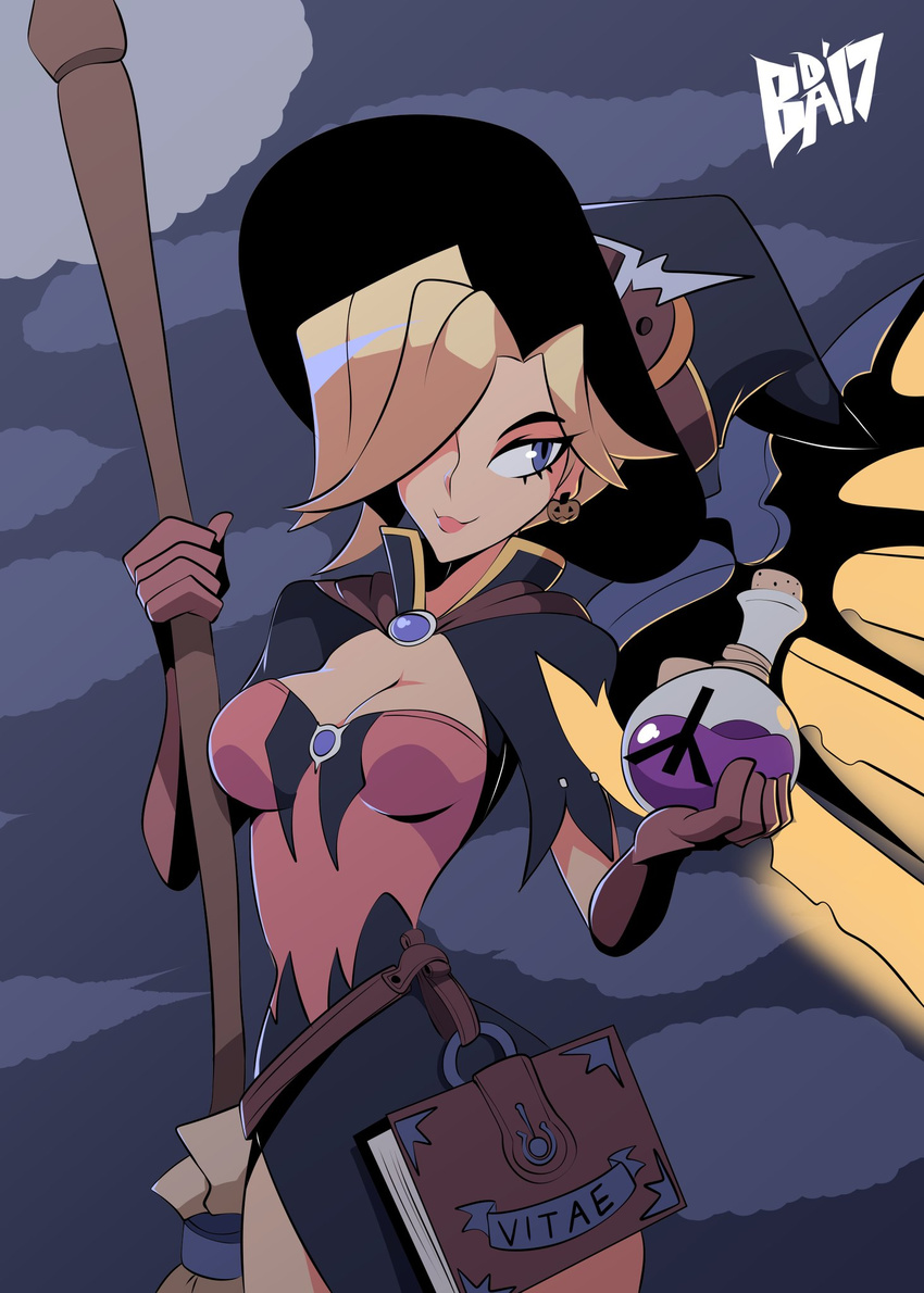 1girl alternate_costume bigdead93 blonde_hair book breasts brooch broom cleavage earrings gloves halloween halloween_costume hat highres image_sample jack-o'-lantern jewelry medium_breasts mercy_(overwatch) night overwatch potion pumpkin purple_eyes smile solo twitter_sample witch witch_hat witch_mercy