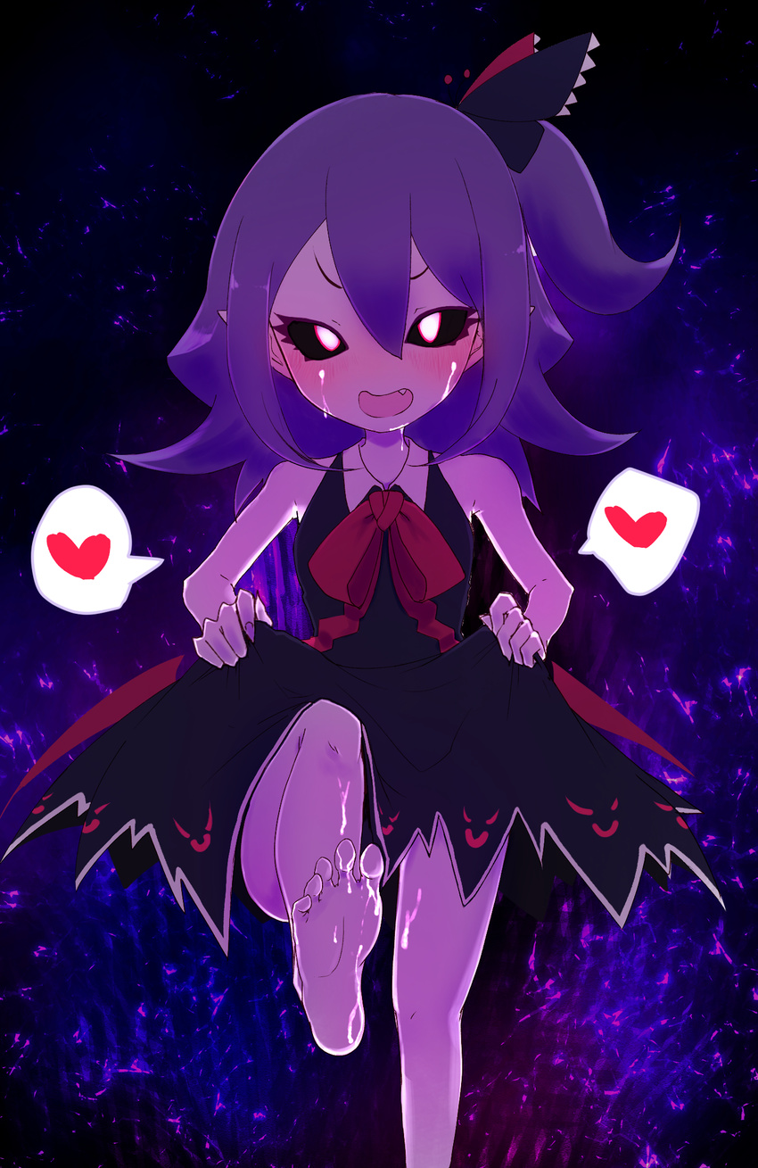bare_arms barefoot black_sclera blush bright_pupils damenano104 dress dress_lift fang feet heart highres implied_footjob looking_at_viewer musume open_mouth pov_feet purple_hair purple_skin ribbon sleeveless sleeveless_dress smile soles suggestive_fluid thought_bubble toes v_yuusha_no_kuse_ni_namaiki_da_r yuusha_no_kuse_ni_namaiki_da