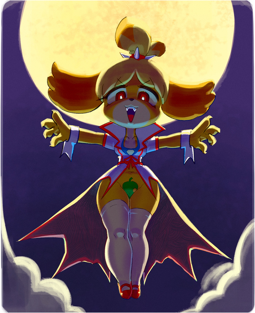 animal_crossing anthro breasts came canine chi-iz dog fangs female floating fur isabelle_(animal_crossing) mammal moon nintendo open_mouth red_eyes vampire video_games wide_hips yellow_fur