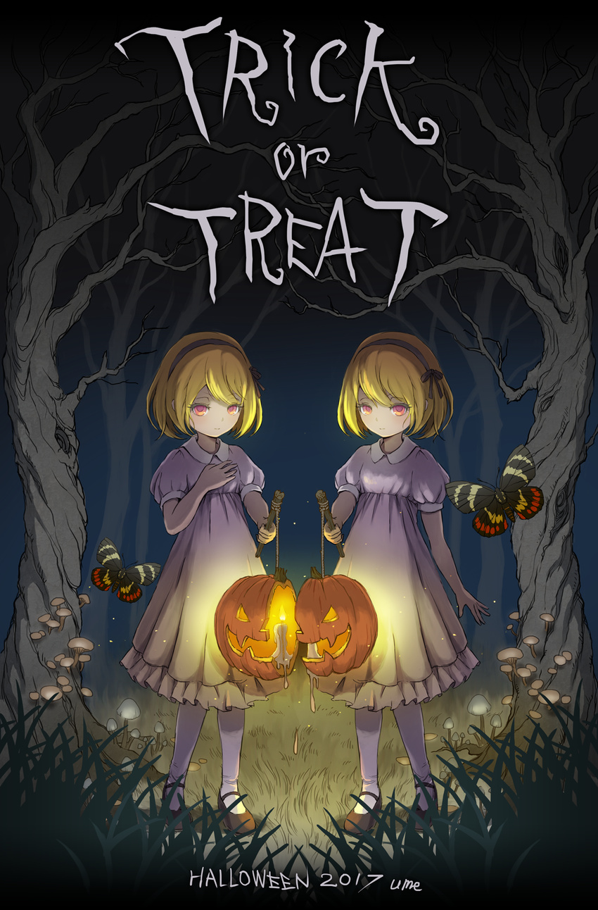 2girls bare_tree blonde_hair bug butterfly candle dress forest grass hairband halloween hand_on_own_chest highres insect jack-o'-lantern light_particles looking_at_viewer mary_janes multiple_girls mushroom nature night original red_eyes shoes short_hair siblings signature tree trick_or_treat twins ume_(illegal_bible)