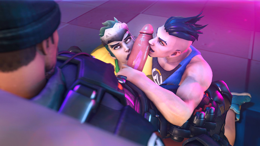 3boys 3d dead_or_alive erection genji_(overwatch) killystein male_focus multiple_blowjob multiple_boys overwatch) penis reaper_(overwatch) source_filmmaker yaoi