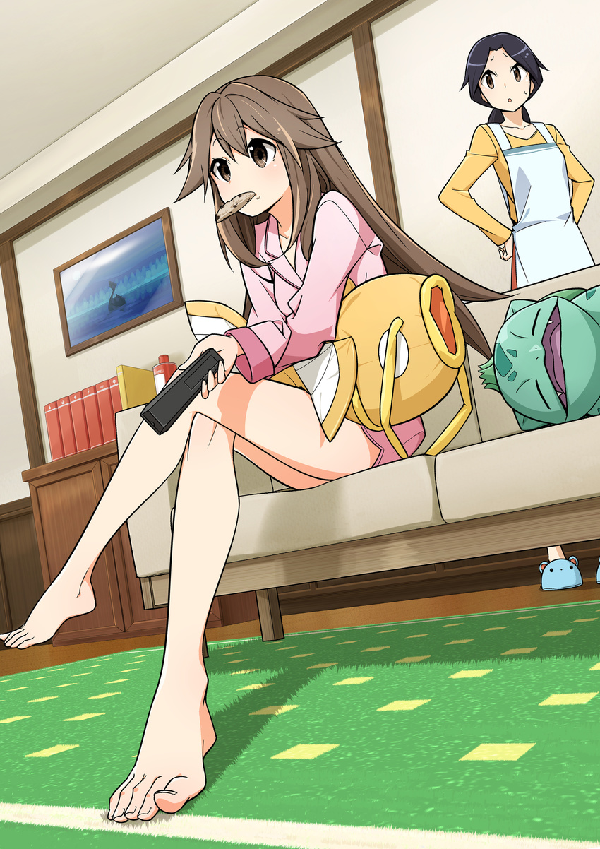 absurdres apron bare_legs barefoot blue_(pokemon) brown_eyes brown_hair bulbasaur commentary_request controller cookie couch crossed_legs feet food food_in_mouth full_body gen_1_pokemon hands_on_hips highres indoors jii_(seiga7099526) lapras living_room long_hair magikarp marill mother_(pokemon) mother_and_daughter multiple_girls pajamas pokemon pokemon_(creature) pokemon_(game) pokemon_frlg pokemon_rgby remote_control sitting sleeping slippers stuffed_toy themed_object toes