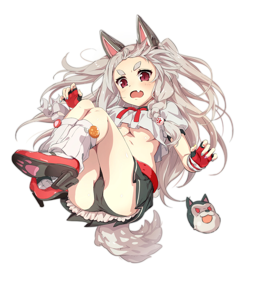 animal_ears ass azur_lane black_panties braid breasts commentary_request fake_animal_ears fang fingerless_gloves gloves hair_ornament highres long_hair looking_at_viewer medium_breasts mitsuki_(goomoku) panties pantyshot paw_print pleated_skirt red_eyes school_uniform serafuku silver_hair simple_background single_braid skirt solo tail underboob underwear white_background wolf_mask wolf_tail yuudachi_(azur_lane)