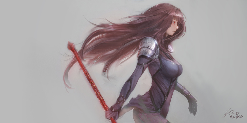 bodysuit breasts brown_hair fate/grand_order fate_(series) floating_hair from_side grey_background highres holding holding_weapon long_hair medium_breasts polearm raikoart red_eyes scathach_(fate)_(all) scathach_(fate/grand_order) simple_background solo spear standing very_long_hair weapon