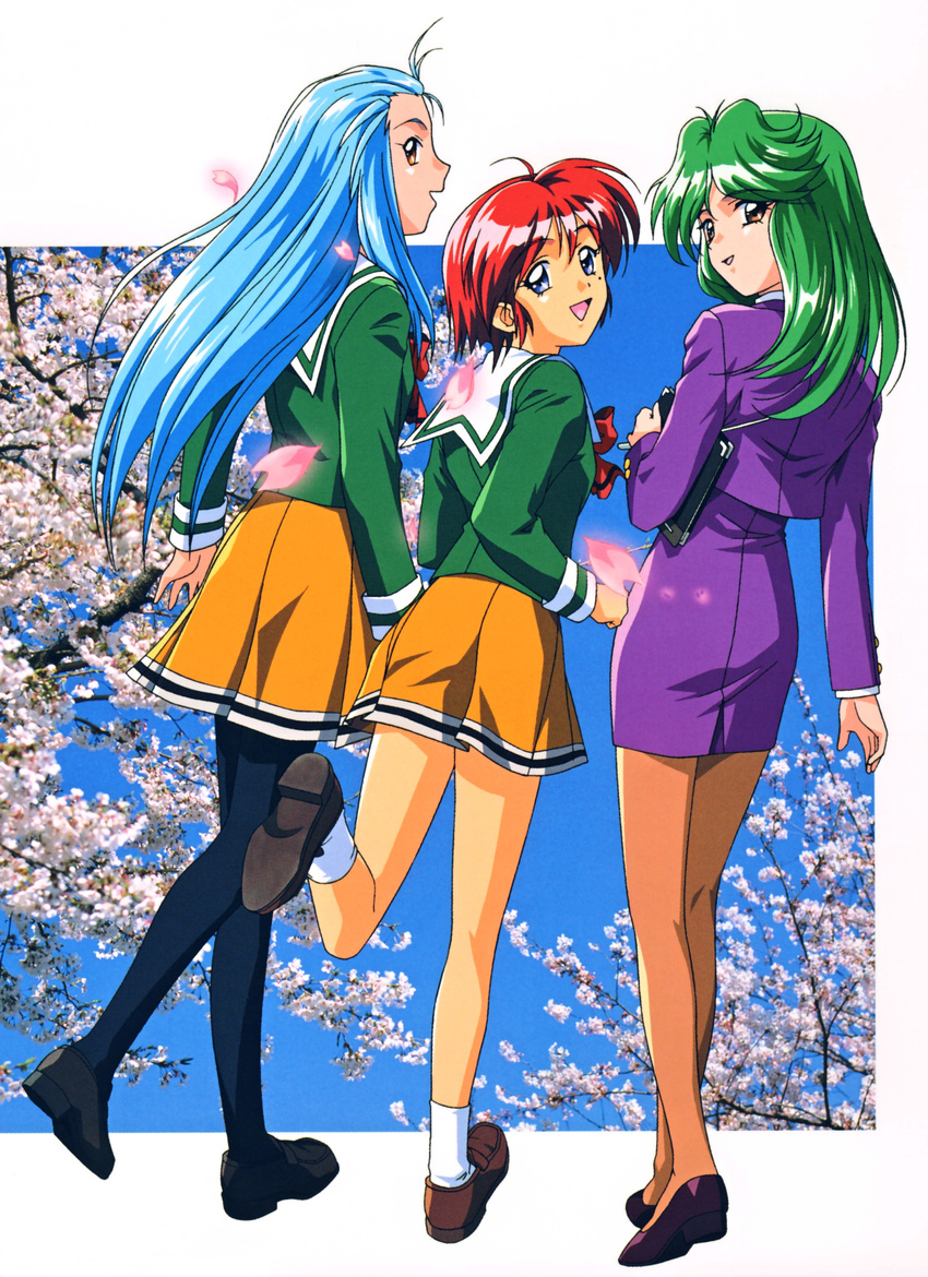 absurdres asou_kasumi blue_eyes blue_hair cherry_blossoms green_hair highres hinomoto_hikari kokura_masashi light_blue_hair loafers long_sleeves looking_at_viewer looking_back minazuki_kotoko multiple_girls odd_one_out official_art open_mouth pantyhose pencil_skirt photo_(object) pleated_skirt profile red_eyes red_hair school_uniform shoes short_hair skirt tokimeki_memorial tokimeki_memorial_2 yellow_eyes