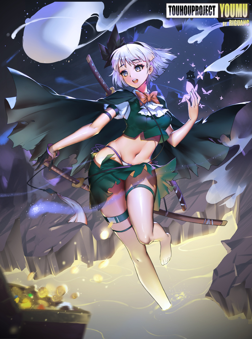absurdres bangs bare_arms bare_legs barefoot black_gloves black_ribbon blunt_bangs bow bowtie breasts bug butterfly cape character_name chinese coin commentary_request copyright_name crop_top eyebrows_visible_through_hair full_body gloves gold hair_ribbon highres insect katana konpaku_youmu konpaku_youmu_(ghost) medium_breasts midriff multiple_girls navel panties ribbon saigyouji_yuyuko sheath sheathed short_hair side-tie_panties silhouette silhouette_demon silver_eyes silver_hair smile sunshine_(1638509769) sword thigh_strap touhou treasure_chest underwear wading weapon white_panties