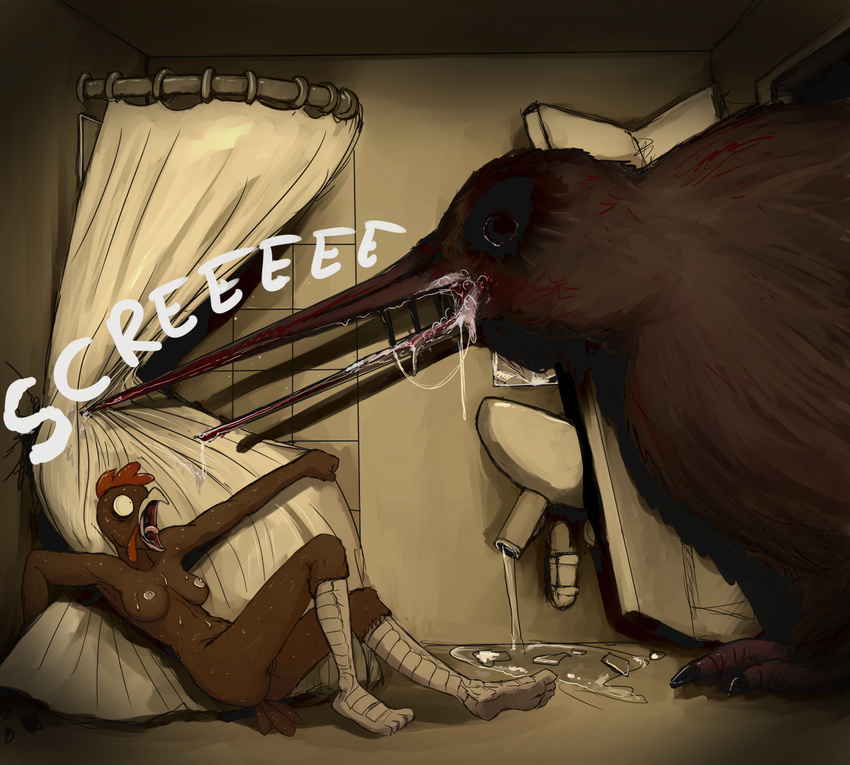 ambiguous_gender anthro avian bathroom beak bird black_eyes blood breasts chicken creepy female feral hladilnik killwi kiwi_(species) nipples nude open_mouth pussy saliva screaming shower size_difference sound_effects tongue water wet