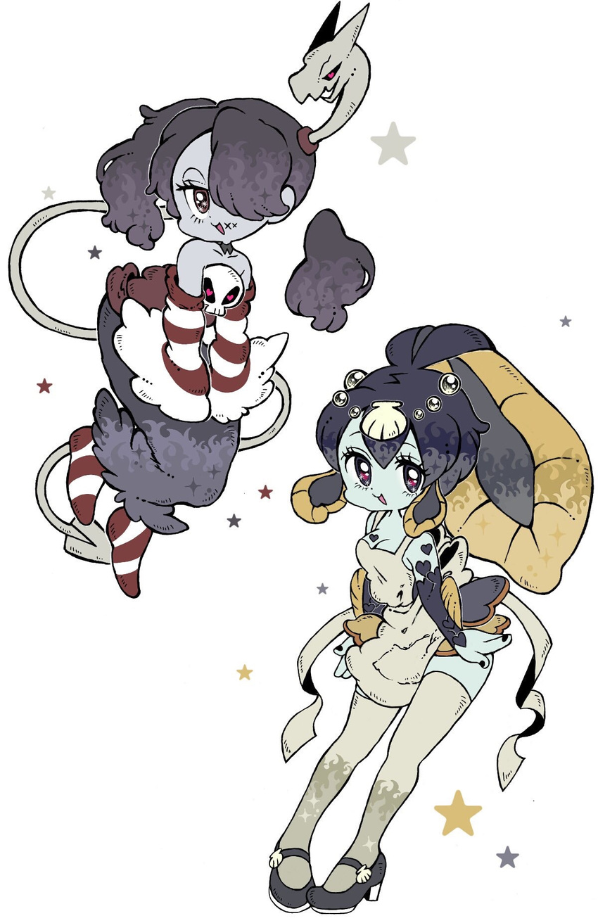 2girls apron bare_shoulders blue_skin breasts cleavage detached_collar detached_sleeves dress female fish_girl hair_over_one_eye high_heels leviathan_(skullgirls) minette_(skullgirls) monster_girl multiple_girls purple_eyes red_eyes side_ponytail skullgirls squigly_(skullgirls) stitched_mouth stitches striped striped_legwear striped_sleeves striped_socks thighhighs zombie