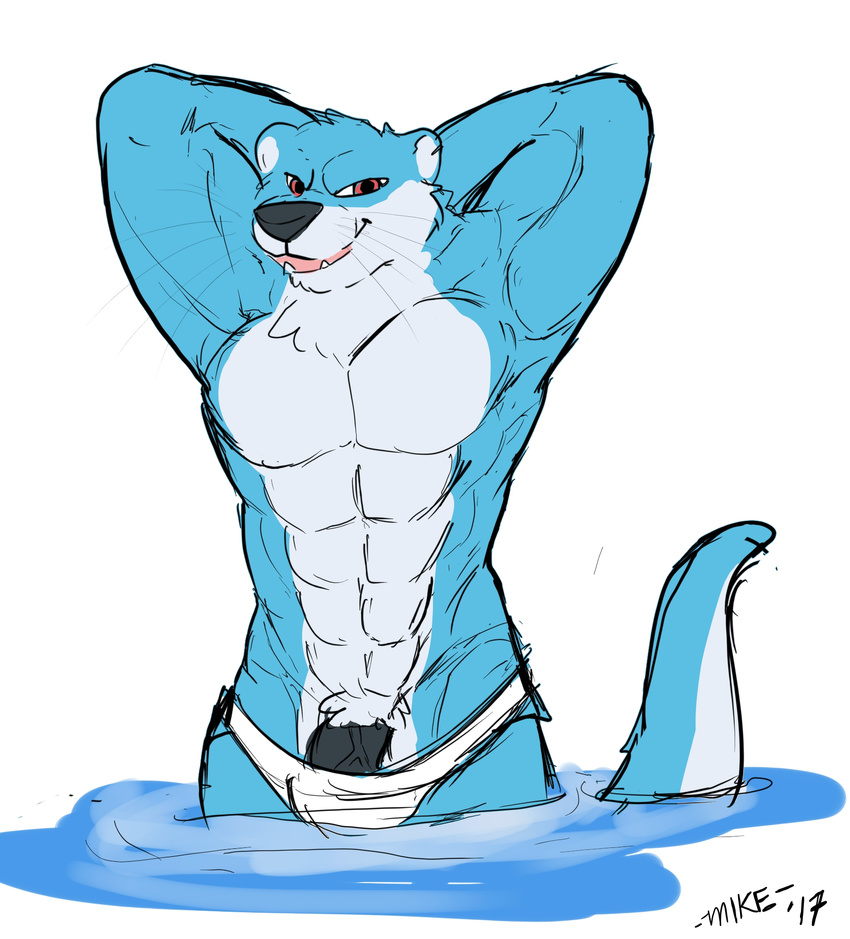-mike- barazoku clothing male male_focus mammal muscular mustelid otter otter-casey penis solo speedo swimsuit water