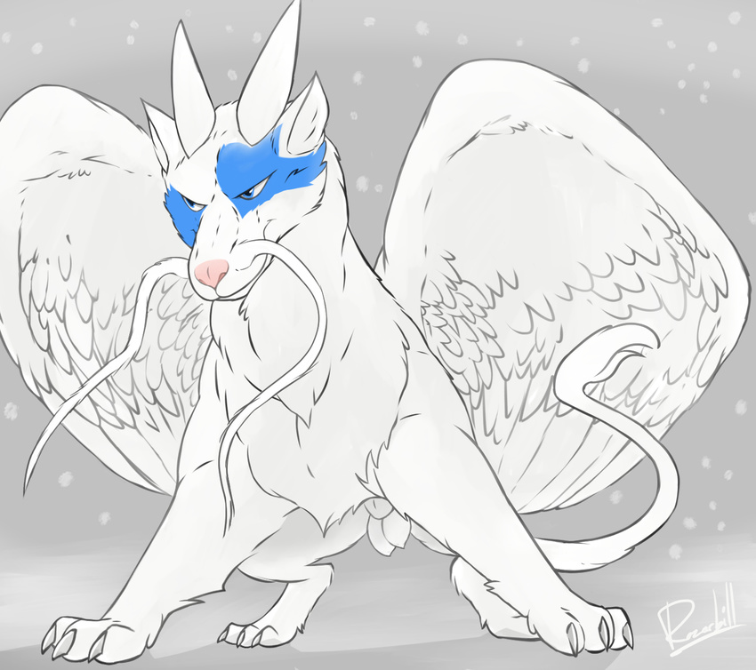 angry animal_genitalia balls birdlock blue_eyes claws cold corrupt dragon eastern feathers fur horn kiki male nude paint pink_nose pose powerful sheath simple_background snow stern war_paint whiskers white_fur wings