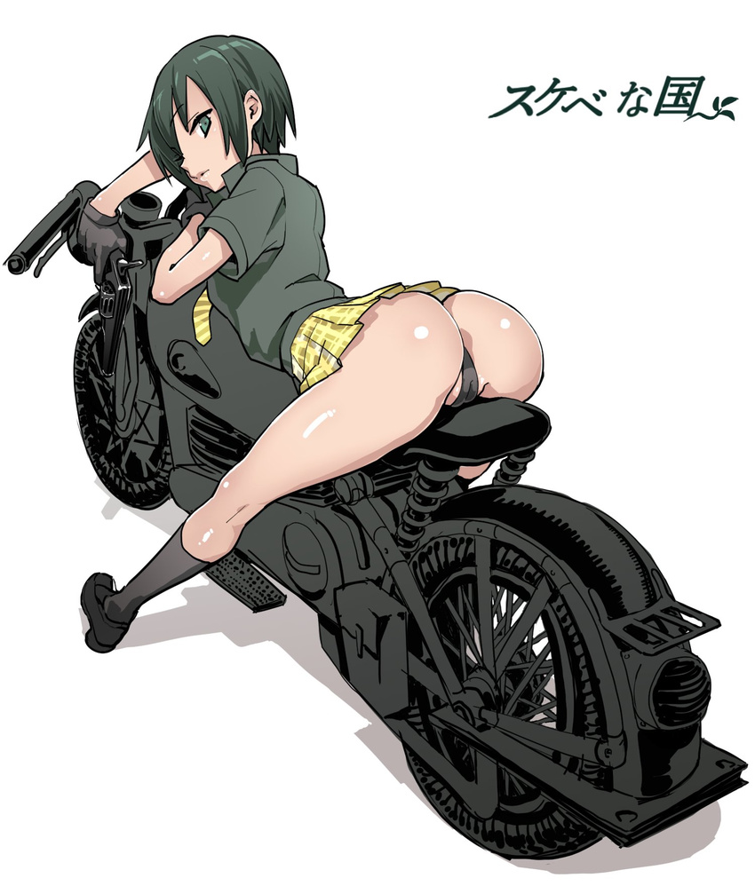 ass black_hair commentary gloves ground_vehicle gun handgun hermes highres holding holding_gun holding_weapon kino kino_no_tabi miniskirt motor_vehicle motorcycle necktie on_motorcycle panties pistol revolver short_hair skirt thong translated underwear velzhe weapon