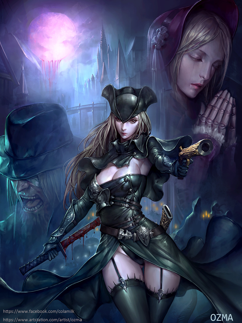 antique_firearm belt black_legwear black_panties blindfold blood bloodborne bloody_weapon blunderbuss bonnet breasts bridge city cleavage closed_eyes doll_joints father_gascoigne firearm garter_straps gun hat highres hunter_(bloodborne) large_breasts long_hair looking_at_viewer monster moon multiple_girls night ozma panties pantyshot plain_doll praying scabbard sheath sword tentacles thighhighs tricorne underwear weapon