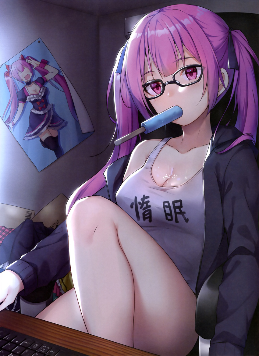 absurdres artist_request bare_legs black-framed_eyewear black_jacket black_ribbon blush breasts cleavage closed_eyes collarbone dengeki_moeou food food_in_mouth glasses hair_ribbon head_tilt highres indoors jacket keyboard_(computer) knee_up long_hair long_sleeves medium_breasts melting mouth_hold off_shoulder open_clothes open_jacket pink_eyes pink_hair popsicle poster_(object) ribbon scan single_bare_shoulder sitting solo table tank_top thighs twintails