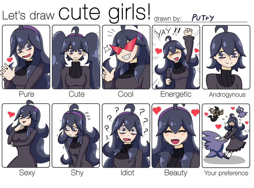 &gt;_&lt; 1girl ? @_@ ahoge al_bhed_eyes alternate_hairstyle artist_name bespectacled black_eyes black_sclera blush breasts dress drooling english eyebrows_visible_through_hair eyes_closed floating flying_sweatdrops full_body gengar ghost glasses half-closed_eyes hand_up happy headband heart hex_maniac_(pokemon) large_breasts long_hair long_sleeves looking_at_viewer looking_away looking_to_the_side matching_hair/eyes medium_breasts multicolored_eyes multiple_views npc_trainer open_mouth phantump pink_eyes pokemon pokemon_(creature) pokemon_(game) pokemon_xy purple_dress purple_eyes purple_hair putry saliva short_hair shuppet shy simple_background smile socks standing sweat teeth text tied_hair trembling turtleneck turtleneck_dress twintails upper_body v_arms waving wavy_mouth white_background white_socks yellow_eyes