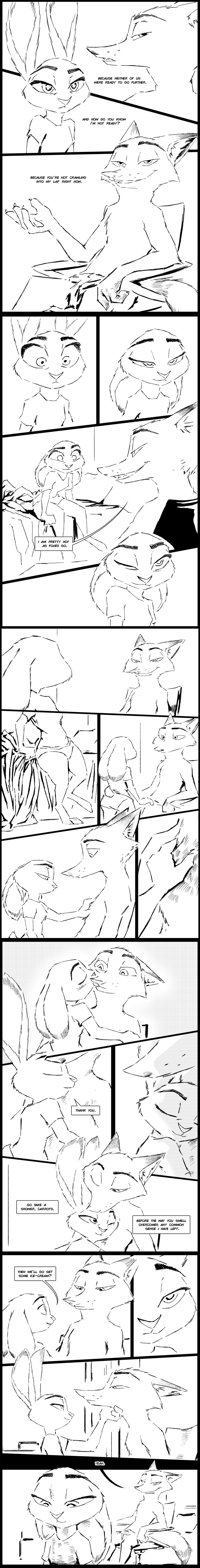 2017 anthro blush canine chair clothed clothing comic dialogue dipstick_ears disney duo english_text female fox greyscale hug judy_hopps kissing lagomorph male male/female mammal monochrome nick_wilde panties rabbit screentone sitting smile text thewyvernsweaver topless underwear zootopia