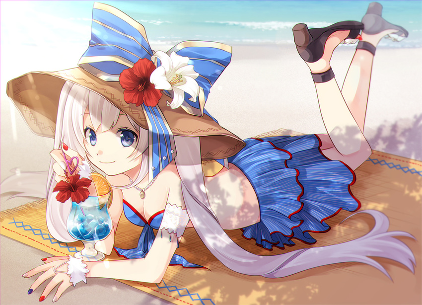 arm_cuffs beach black_footwear blue_bikini_top blue_bow blue_eyes blue_hawaii blue_nails blue_skirt bow breasts cleavage day fate/grand_order fate_(series) flower hat hat_bow hat_flower hibiscus high_heels iroha_(shiki) jewelry layered_skirt long_hair lying marie_antoinette_(fate/grand_order) marie_antoinette_(swimsuit_caster)_(fate) medium_breasts nail_polish necklace ocean on_stomach outdoors red_flower red_nails ring silver_hair skirt smile solo strapless strapless_bikini striped striped_bow sun_hat the_pose tropical_drink twintails white_flower white_nails