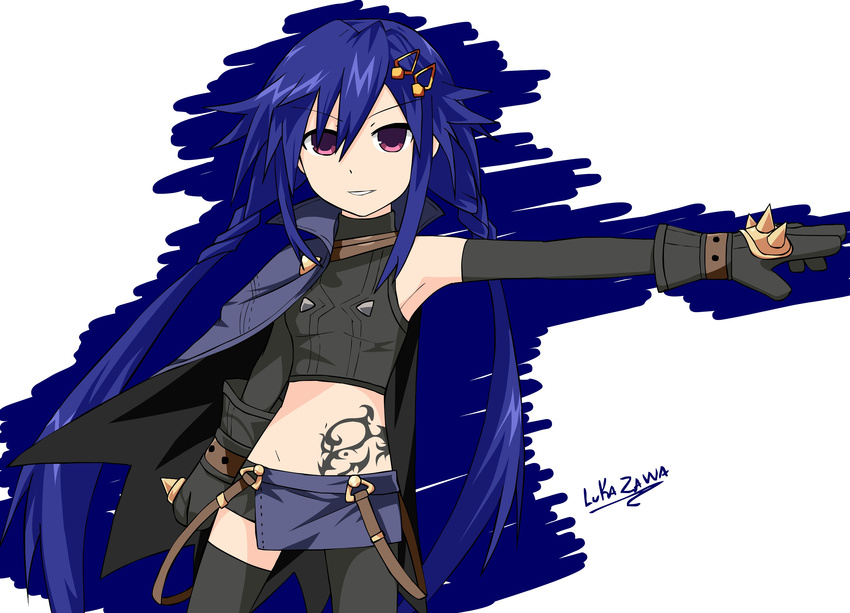 absurdres ankokuboshi_kurome asymmetrical_legwear black_legwear blue_hair braid cape cosplay crop_top four_goddesses_online:_cyber_dimension_neptune gloves grin hair_ornament hairclip highres long_hair looking_at_viewer lukazawa miniskirt navel neptune_(series) outstretched_arm purple_eyes shin_jigen_game_neptune_vii skirt smile solo spiked_knuckles spoilers stomach_tattoo suspenders tattoo tennouboshi_uzume tennouboshi_uzume_(cosplay) twintails very_long_hair