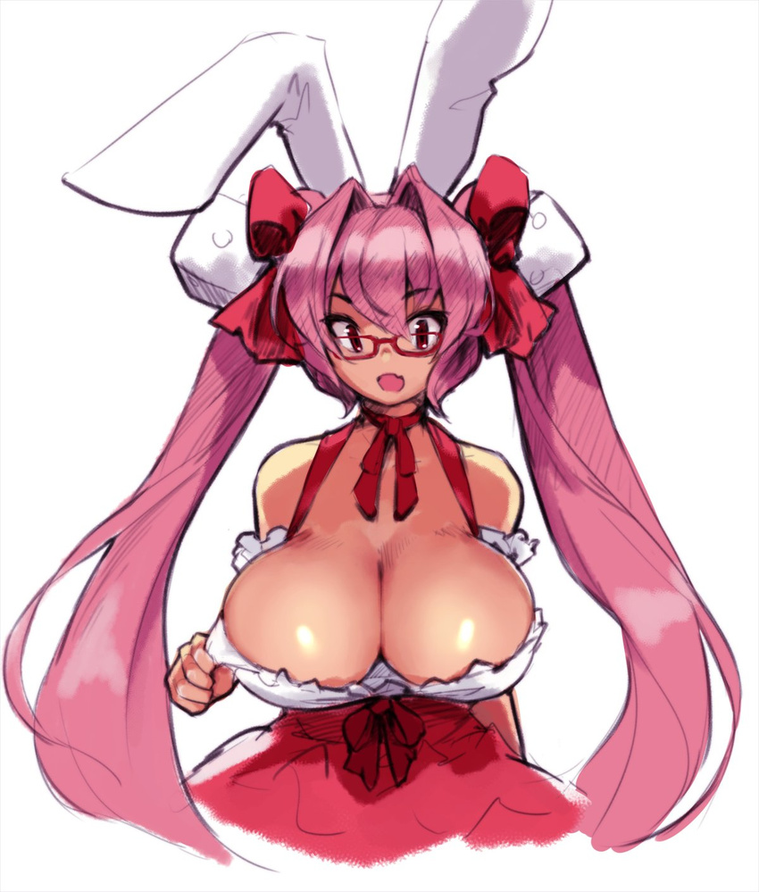 animal_ears bow breasts bunny_ears choker cleavage detached_sleeves di_gi_charat dice_hair_ornament dress eu03 fang glasses hair_bow hair_ornament highres huge_breasts impossible_clothes impossible_dress long_hair pink_hair red-framed_eyewear red_bow red_eyes ribbon_choker solo strapless strapless_dress usada_hikaru white_background