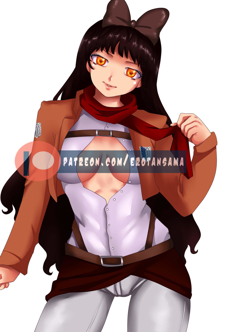 absurdres alternate_costume bad_anatomy bad_source bangs blake_belladonna bow breasts breasts_apart brown_bow brown_hair brown_jacket cameltoe cosplay cowboy_shot cropped_jacket curly_hair ecchi_pantsu emblem eyeshadow hair_bow half-closed_eyes hand_up head_tilt highres jacket long_hair long_sleeves looking_at_viewer makeup mikasa_ackerman mikasa_ackerman_(cosplay) no_bra open_clothes open_jacket open_shirt orange_eyes pants paradis_military_uniform parted_lips patreon_username pinup red_scarf rwby scarf self_upload shingeki_no_kyojin shirt simple_background solo standing survey_corps_(emblem) unbuttoned very_long_hair watermark web_address white_background white_pants white_shirt