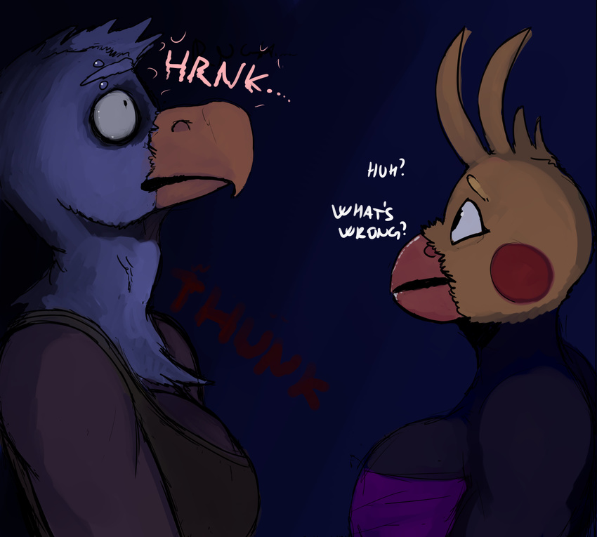 anthro avian bald_eagle beak big_breasts bird breasts dialogue duo eagle english_text eyebrow_piercing facial_piercing female frown hladilnik parrot piercing sound_effects text