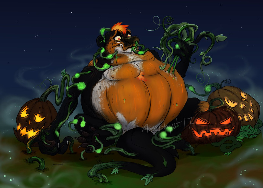abdominal_bulge amethystlongcat belly big_belly food force_feeding forced forced_feeding fruit halloween holidays inflation jack-o'-lantern male mammal mustelid nightmare_fuel nude otter overweight pumpkin smile solo stomach transformation weight_gain