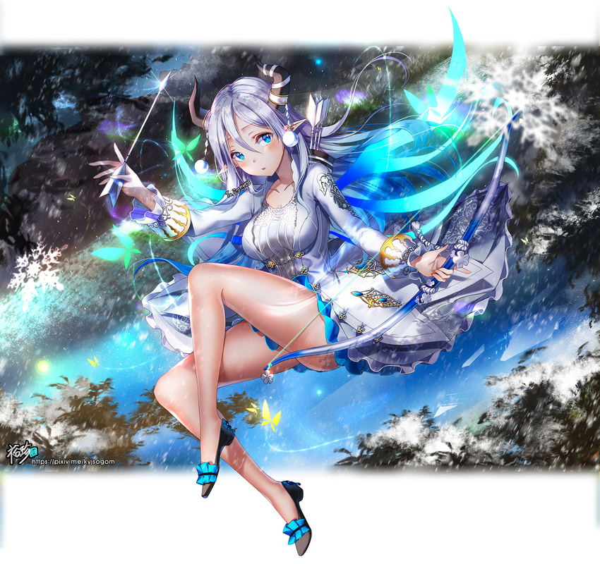 arrow blue_eyes blush bow_(weapon) breasts cleavage collarbone commission elf eyebrows_visible_through_hair full_body highres holding holding_bow_(weapon) holding_weapon horns kyjsogom large_breasts looking_at_viewer original parted_lips pixiv_username pointy_ears silver_hair watermark weapon web_address