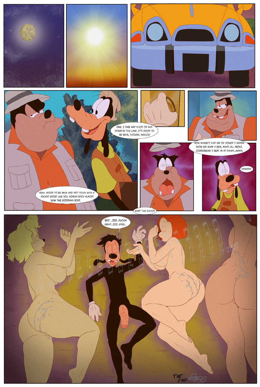 anthro breasts butt canine car clothing comic cum cum_on_back cum_on_butt debbie_(goof_troop) disney dog english_text female goof_troop goofy_(disney) grigori_(artist) group hair male mammal mature max_goof mother ms._pennypacker nude parent peg_pete penis peter_pete_sr. teeth text tongue vehicle