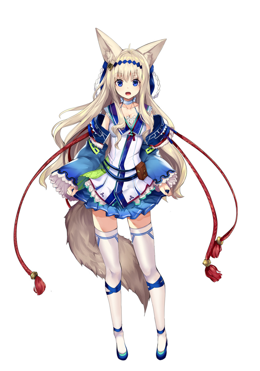 :d ahoge animal_ears bangs belt_pouch blonde_hair blue_eyes blue_footwear blue_skirt breasts choker cleavage collarbone commentary_request detached_sleeves eyebrows_visible_through_hair fox_ears fox_tail frilled_sleeves frills full_body haik hair_ornament highres long_hair looking_at_viewer medium_breasts open_mouth original pleated_skirt pouch shoes simple_background skirt skirt_hold smile solo standing tail thighhighs white_background white_legwear zettai_ryouiki