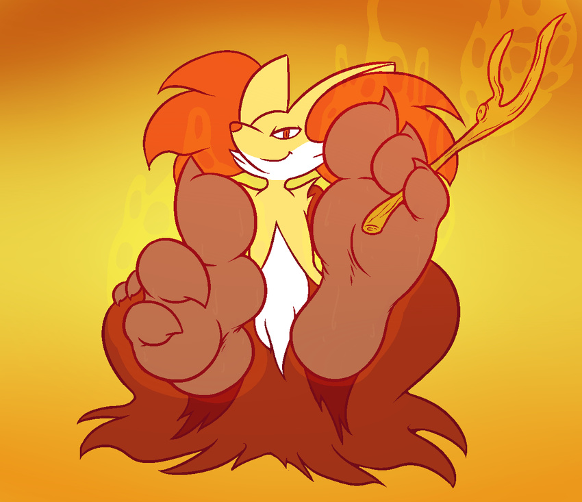 2016 3_toes ambiguous_gender anthro bedroom_eyes biped canine cheek_tuft claws delphox digital_drawing_(artwork) digital_media_(artwork) feet foot_fetish foot_focus fur half-closed_eyes humanoid_feet inner_ear_fluff looking_at_viewer mammal multicolored_fur musk nintendo orange_background orange_fur pink_claws pok&eacute;mon pok&eacute;mon_(species) reclining red_eyes red_fur red_nose seductive shoulder_tuft simple_background sitting smelly smelly_feet smile soles stick sweat toe_claws toes tuft video_games white_fur yellow_fur yowesephth