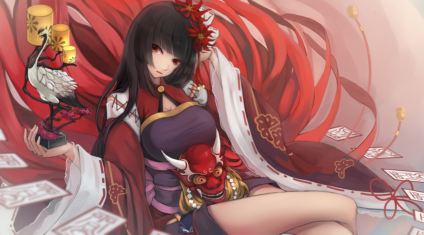 black_hair crossed_legs flower hair_flower hair_ornament highres japanese_clothes kikivi long_hair looking_at_viewer oni_mask onmyouji original red_eyes sitting solo spider_lily wide_sleeves