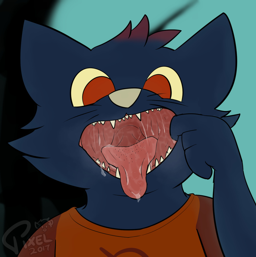 ambiguous_gender anthro clothing english_text looking_down mae_(nitw) mouth_shot night_in_the_woods open_mouth pixelthegryphon solo text throat tongue