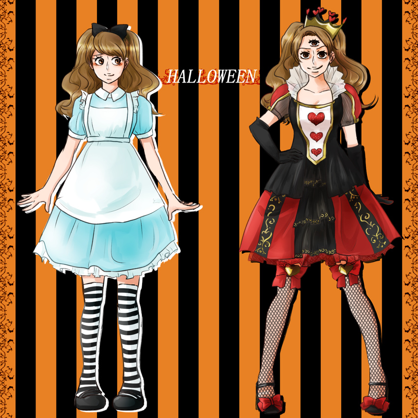 alice_(wonderland) alice_in_wonderland alternate_costume bad_id bad_pixiv_id bow brown_eyes brown_hair charlotte_pudding crown dual_persona gloves halloween halloween_costume hasumi_(fujimaru) heart highres long_hair multiple_girls one_piece queen_of_hearts thighhighs third_eye twintails