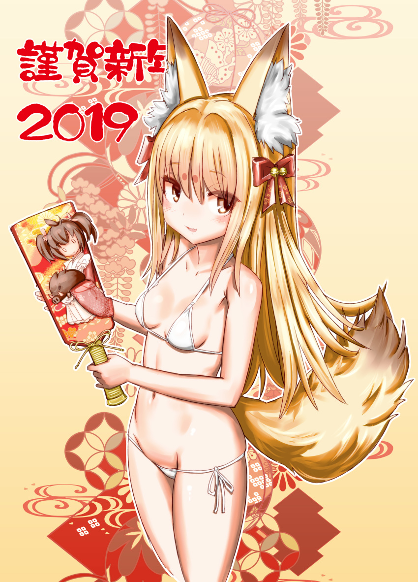 1girl 2019 absurdres alternate_costume animal_ear_fluff animal_ears bangs bikini blonde_hair blush breasts chinese_zodiac emil_chronicle_online eyebrows_visible_through_hair fox_ears fox_tail hagoita hair_ornament hair_ribbon highres japanese_clothes loki_alma long_hair micro_bikini navel nengajou new_year obi paddle ribbon sash serizawa_(knight2020) side-tie_bikini small_breasts standing swimsuit tail white_bikini year_of_the_pig yellow_eyes