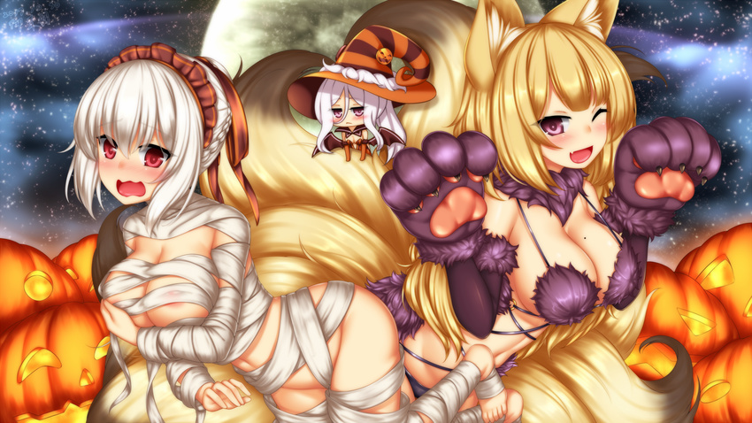 ;d animal_ears areola_slip areolae asherah_(sennen_sensou_aigis) bandages blonde_hair blush boots braid breast_hold breasts chibi commentary_request embarrassed eyebrows_visible_through_hair eyes_visible_through_hair fang fox_ears fox_tail fur_trim gloves hair_ribbon halloween hat highres jack-o'-lantern kayou_(sennen_sensou_aigis) large_breasts long_hair minaha_(playjoe2005) mole mole_on_breast multiple_girls multiple_tails one_eye_closed open_mouth paw_gloves paws purple_eyes red_eyes ribbon sennen_sensou_aigis serra_(sennen_sensou_aigis) smile tail wavy_mouth white_hair witch_hat