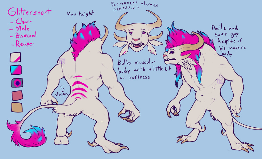 2017 4_ears anthro blue_hair charr claws ear_piercing facial_piercing featureless_crotch feline fur glittersnort guild_wars hair male mammal markings model_sheet multi_ear multicolored_hair muscular muscular_male mutisija navel piercing pink_eyes pink_hair pink_markings pink_nose semi-anthro slightly_chubby standing stripes teeth two_tone_hair video_games white_fur