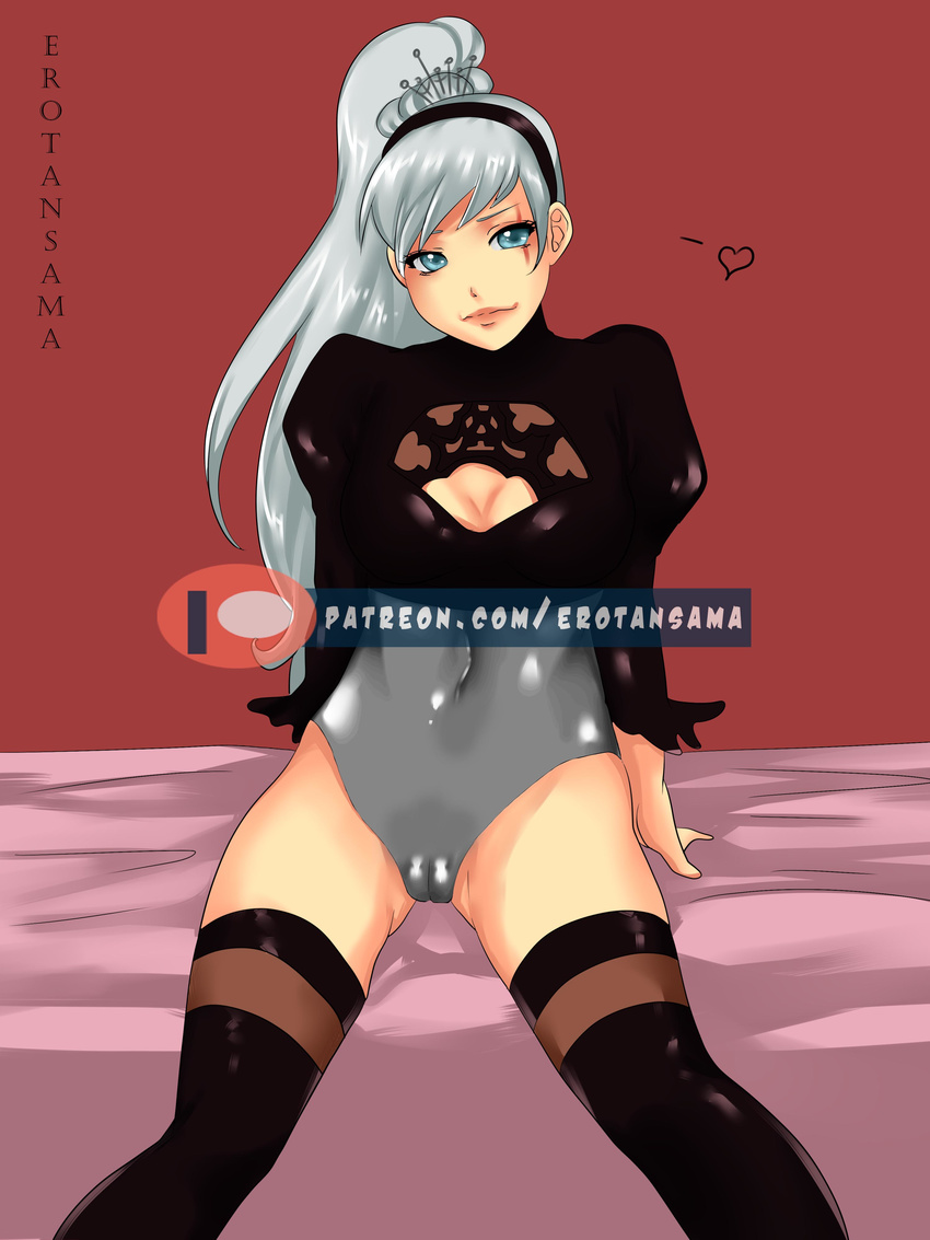 absurdres alternate_costume aqua_eyes arm_support artist_name ass_visible_through_thighs bad_anatomy bad_source bangs bed_sheet breasts cameltoe cleavage cleavage_cutout closed_mouth cosplay covered_navel ecchi_pantsu eyelashes frilled_sleeves frills halloween halloween_costume head_tilt heart high_ponytail highres lips long_hair long_sleeves looking_at_viewer medium_breasts nier_(series) nier_automata patreon_username puffy_long_sleeves puffy_sleeves rwby scar scar_across_eye self_upload silver_hair sitting solo spoken_heart swept_bangs thighhighs turtleneck very_long_hair watermark web_address weiss_schnee yorha_no._2_type_b yorha_no._2_type_b_(cosplay)