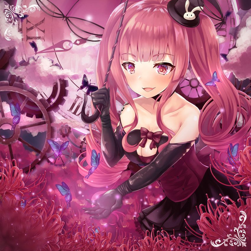 bare_shoulders bemani black_gloves black_hat blush breasts bug butterfly cleavage cleavage_cutout collarbone elbow_gloves eyebrows_visible_through_hair flower gloves hamalu hat highres holding holding_umbrella insect large_breasts long_hair looking_away original parted_lips pink_eyes pink_hair smile spider_lily top_hat twintails umbrella