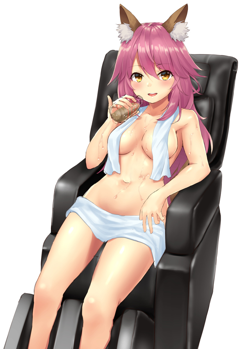 absurdres animal_ears blush breasts covering eyebrows_visible_through_hair fate/grand_order fate_(series) fox_ears fox_tail highres large_breasts long_hair looking_at_viewer massage_chair navel nude_cover open_mouth phano_(125042) pink_hair sketch smile solo tail tamamo_(fate)_(all) tamamo_no_mae_(fate) towel towel_around_neck towel_on_legs white_towel yellow_eyes