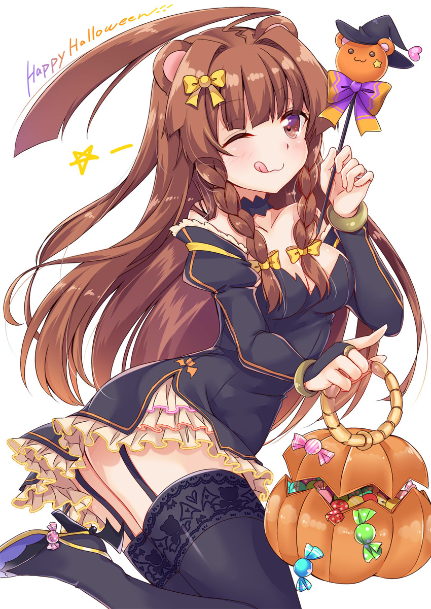 alternate_costume bag black_dress black_legwear breasts brown_eyes brown_hair candy dress food garter_straps halloween halloween_costume highres kantai_collection ko_yu kuma_(kantai_collection) lollipop long_hair looking_at_viewer medium_breasts pumpkin smile solo thighhighs