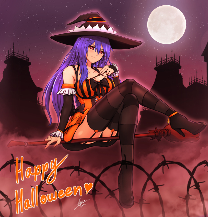 absurdres airisubaka blue_hair boots breasts broom broom_riding cleavage halloween halloween_costume hat highres iris_heart large_breasts long_hair looking_at_viewer moon neptune_(series) red_eyes sidesaddle smile solo symbol-shaped_pupils very_long_hair witch witch_hat