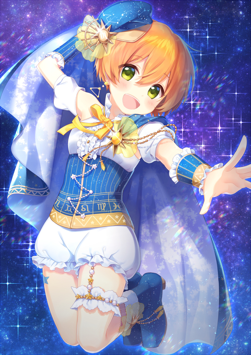 :d arm_warmers blush boots cape center_frills constellation_costume constellation_print detached_sleeves earrings frilled_shorts frills garter_straps green_eyes hand_behind_head hat highres hoshizora_rin jewelry jumping komachi_pochi leg_garter leg_tattoo looking_at_viewer love_live! love_live!_school_idol_festival love_live!_school_idol_project neck_ribbon open_mouth orange_hair outstretched_arm ribbon short_hair shorts sky smile solo sparkle star_(sky) starry_sky tattoo white_shorts yellow_ribbon