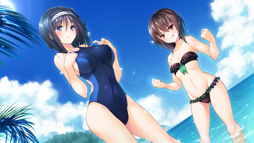 :q aiba_kazumi bandeau bangs bikini black_bikini black_hair blue_eyes blue_sky blue_swimsuit blush bow bow_bikini breasts breasts_apart brown_eyes character_request clenched_hands closed_mouth cloud collarbone competition_swimsuit covered_navel covered_nipples cowboy_shot day dutch_angle eyebrows_visible_through_hair feet_out_of_frame frilled_bikini frills from_side front-tie_bikini front-tie_top game_cg green_bow groin groin_tendon hair_between_eyes hairband hands_on_own_chest hands_up hips horizon impossible_clothes impossible_swimsuit kanojo_wa_tenshi_de_imouto_de large_breasts legs_apart lens_flare medium_hair multiple_girls mutou_kurihito navel non-web_source official_art one-piece_swimsuit outdoors shiny shiny_hair sideboob skin_tight sky small_breasts sparkle standing straight_hair strapless strapless_bikini sun swimsuit thighs tongue tongue_out tree tree_branch wading water white_hairband