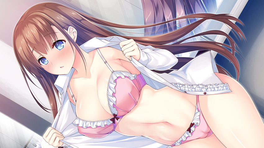 :&lt; bangs blue_eyes blush bow bow_bra bow_panties bra breasts brown_hair buttons cameltoe center_frills changing_room cleavage closed_mouth clothes_hanger coffee_cat collarbone collared_shirt cowboy_shot dress_shirt dutch_angle embarrassed eyebrows_visible_through_hair frilled_bra frilled_panties frilled_shirt frills from_side game_cg groin hips indoors kanojo_wa_tenshi_de_imouto_de large_breasts long_hair long_sleeves looking_at_viewer mirror navel no_pants non-web_source official_art open_clothes open_shirt panties pink_bra pink_panties red_bow reflection shirt sidelocks solo standing stomach straight_hair takahashi_mia thighs unbuttoned unbuttoned_shirt underwear undressing very_long_hair white_shirt