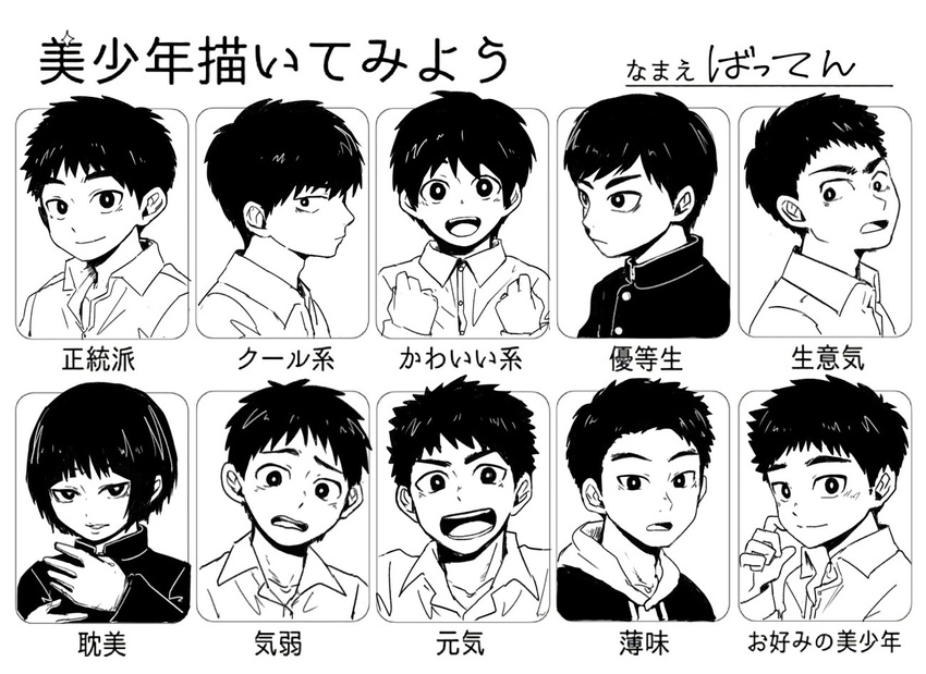 bob_cut bright_pupils chart clenched_hands gakuran ganbaru_pose greyscale hood hoodie looking_at_viewer male_focus meme monochrome multiple_boys open_mouth original school_uniform scratching_cheek signature simple_background smile translation_request white_background