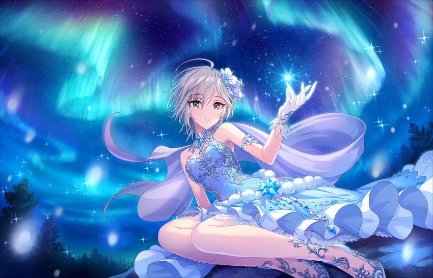 ahoge anastasia_(idolmaster) artist_request bangs bare_shoulders blue_choker blue_dress blue_eyes choker closed_mouth dress earrings eyelashes gloves hair_between_eyes high_heels idolmaster idolmaster_cinderella_girls idolmaster_cinderella_girls_starlight_stage jewelry lace looking_at_viewer night night_sky official_art outdoors short_hair silver_hair sitting sky sleeveless sleeveless_dress smile star_(sky) tree